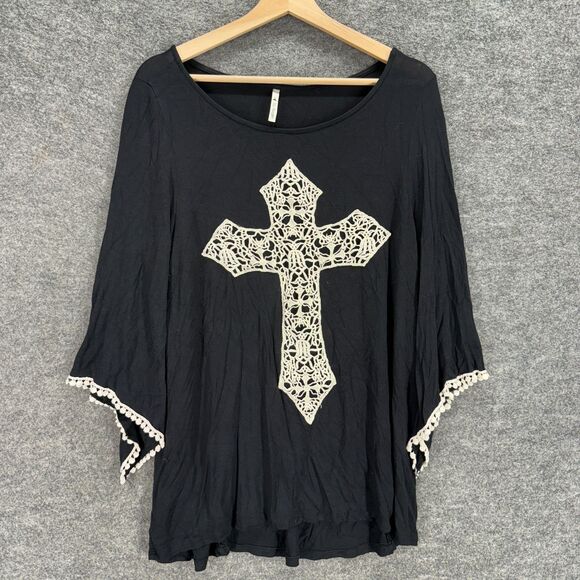 The Hanger Blouse Women L Large Black Cross Embroidered 3/4 Sleeve Round Neck - Picture 1 of 7